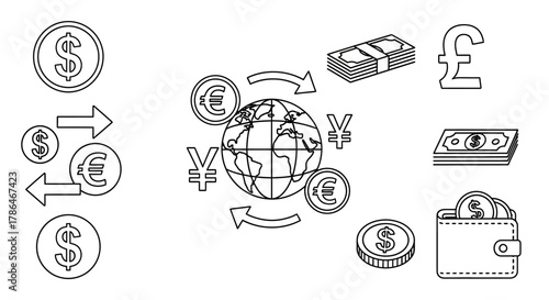 ector icon set showing global money and currencies, including dollar, euro, yen, pound,
