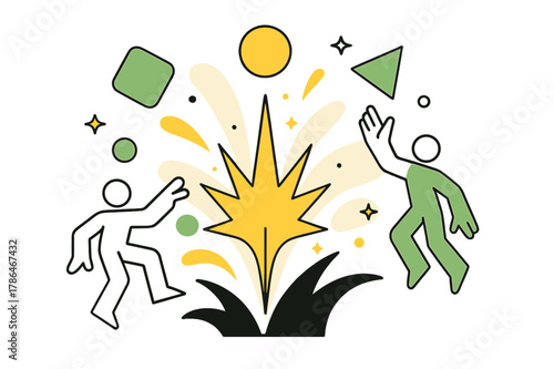 Abstract Spark Ignition. Catalyst. Abstract spark igniting change with floating geometric shapes and glowing accents, representing energy and transformation.