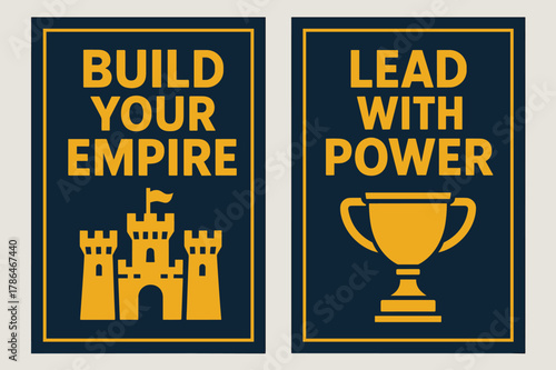 Empire Building Banners. Build your empire. Two vertical A6 banners with safe margins, centered composition, no elements touching edges, bold, navy and gold,