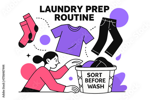 Dynamic Laundry Scene. Laundry Prep Routine. Socks, tees, and jeans hover in midair lines above a spinning basket labeled ?Sort Before Wash.? Dotted motion