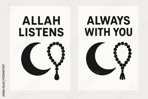 Crescent Moon Banners. Faith. Two vertical A6 banners with safe margins, centered composition, no elements touching edges, flat vector design, black and white,