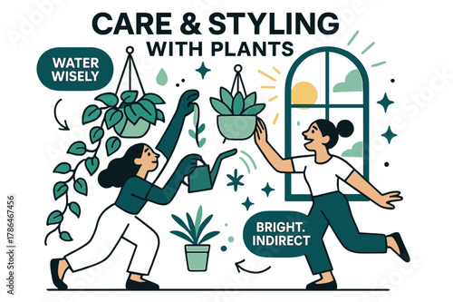 Stylish Plant Care Scene. Care & styling with plants. A trailing pothos and a succulent settle into fresh hangers; ?Water wisely? and ?Bright, indirect? float