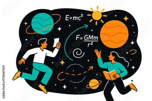 Cosmic Theories Illustrated. Astrophysics and theoretical models of the universe. Stylized glowing planets,
