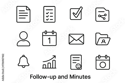 Follow-up Icon Set. Follow-up and Minutes. Line icon set of Follow-up and Minutes: meeting minutes document, attendance list, decisions check, action items