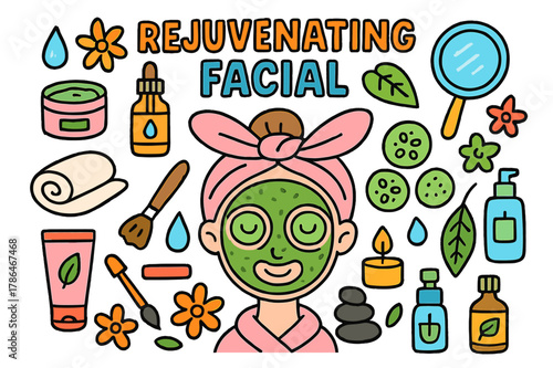 Spa Day Essentials. rejuvenating facial. Colorful Hand-drawn doodle Children illustration rejuvenating facial face mask, cucumber slices, headband, towel,