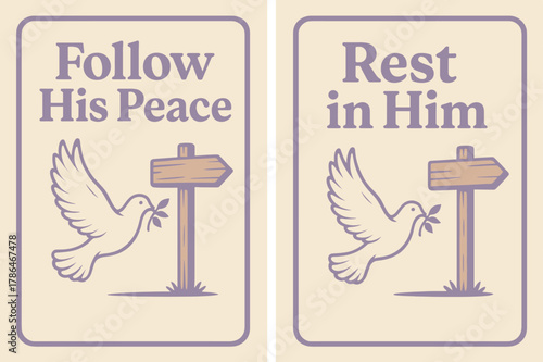 Peaceful Messages in Lavender. Peaceful Direction. Two vertical A6 banners with safe margins, centered composition, no elements touching edges, retro, lavender