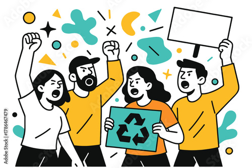 Energetic Environmental Activism. Environmental Protests. Crowd chanting slogans with floating abstract geometric shapes and green accents, energetic and