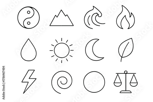 Nature Balance Icons. Nature equilibrium. Line icon set of nature equilibrium: yin-yang symbol, mountain, ocean wave, fire, water, sun, moon, leaf, lightning