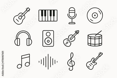 Music Outline Icons. Music. Line icon set of Music: guitar, piano, microphone, vinyl, headphones, speaker, violin, drum, music note, sound wave, treble clef,