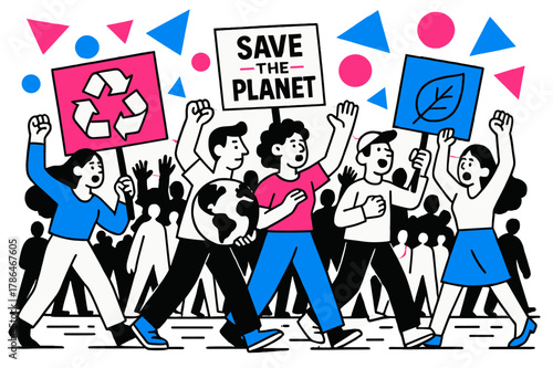 Eco Protest Energetics. Environmental Protests. Street filled with demonstrators holding eco-friendly signs with floating abstract geometric shapes, vibrant