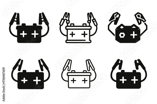 Car Battery Logos. Car battery with jumper cables. Icon set. Set Logo of Car battery with jumper cables: positive and negative terminals. harmonious logo