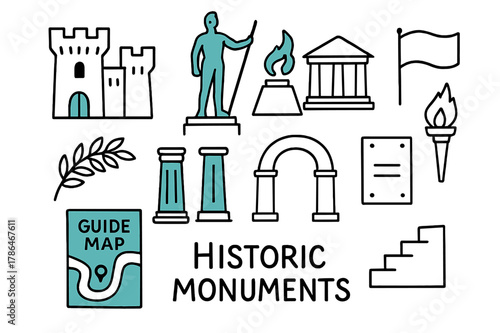 Historic Monuments Doodle. // Historic monuments. Hand-drawn doodle illustration Historic monuments [fortress (accented), statue (accented), memorial flame
