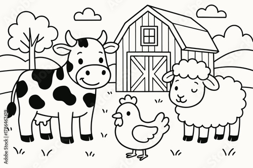 Barnyard Animal Coloring. Farm animals children?s coloring book illustration, outlined drawing, cow, sheep, and chicken near a barn in the countryside,