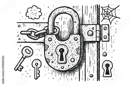 Rusty Lock Doodle. Rusty Lock. Hand-drawn doodle illustration Rusty Lock padlock, rust texture, key, chain, door, metal surface, hinges, scratches, corrosion,