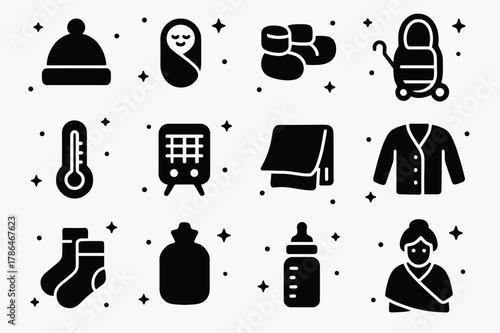 Warmth Care Icons. Warmth care for babies and elderly. Solid icons set of Warmth care for babies and elderly: baby hat, swaddle, booties, stroller footmuff,