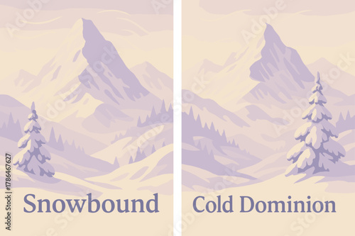 Snowbound and Cold Dominion. Frozen Peaks. Two vertical A6 banners with safe margins, centered composition, no elements touching edges, pastel, lavender and