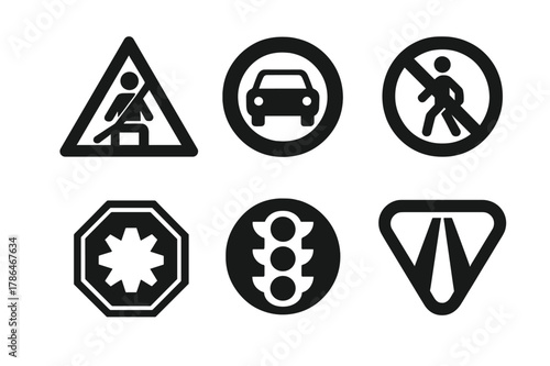 Traffic Safety Logos. Traffic Rule Infographic. Set Logo of Traffic Safety Collection: Abstract geometric, Filled silhouette, Negative space, Flat solid,