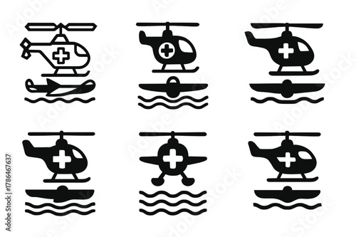 Rescue Aircraft Logos. Helicopters and aircraft involved in rescue operations. Set Logo of helicopters and aircraft involved in rescue operations: amphibious