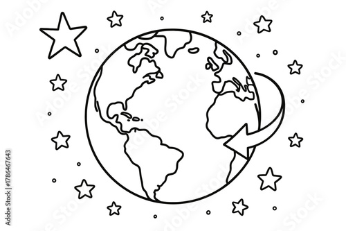 Rotating Earth for Kids. Stars and Earth?s rotation children?s coloring book illustration, outlined drawing, a globe showing a curved arrow of rotation with