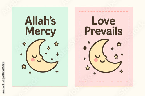 Mercy & Love Banners. Mercy & Love. Two vertical A6 banners with safe margins, centered composition, no elements touching edges, cartoon, pastel mint and pink,