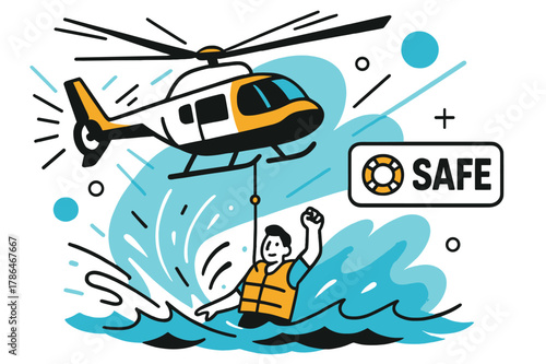 Coastal Rescue Operation. Coastal Hoist Extraction. Salt spray arcs as a winch lifts a survivor from choppy waves; a lifebuoy icon pops beside ?SAFE.? The