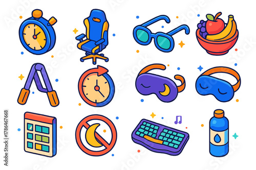 Healthy Gaming Icons. Healthy gaming habits. Colorful isometric vector icons set of Healthy gaming habits: screen time timer, ergonomic posture chair, blue