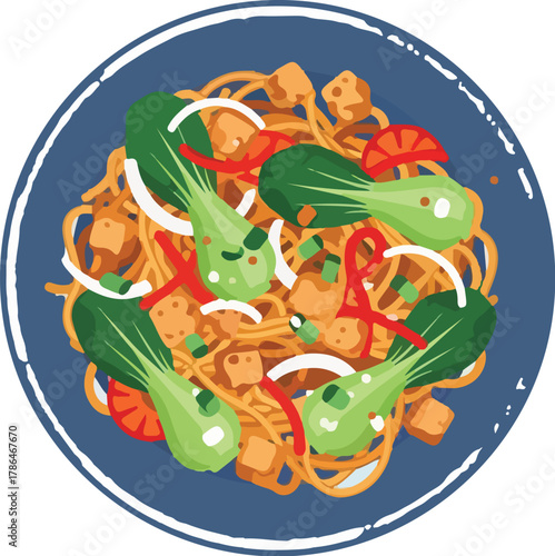 Vibrant Overhead View of Healthy Vegetarian Lo Mein Noodles with Bok Choy and Tofu