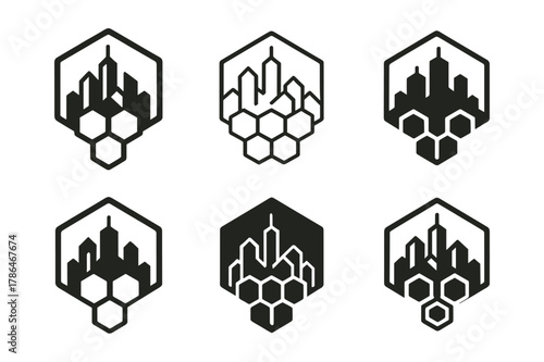 Suburban Beekeeping Logos. Suburban beekeeping with urban landscapes. Set Logo of Suburban beekeeping with urban landscapes: honeycomb hexagon merging into