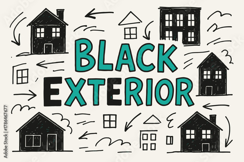 Playful Building Sketch. Doodle / Sketch ? "Black Exterior" in playful hand-drawn letters, rough sketch outlines with arrows, buildings, windows, and roof