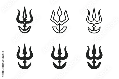 Mystical Deity Logos. Ancient gods and goddesses in a mystical landscape. Set Logo of Ancient gods and goddesses in a mystical landscape: Shiva trident. Icon