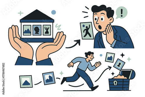 Art Collector's Discovery. Art collectors and their impact on the market. Hands holding a miniature art gallery, a collector's eyes widening as they discover a