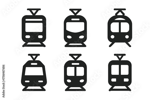 Low-Floor Tram Logos. Accessible transportation. Set Logo of low-floor tram: Symmetrical form, Stylized detail, Minimal outline, Abstract geometric, Negative