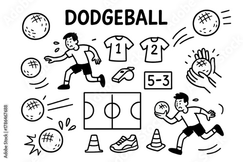 Dodgeball Doodle Icons. Dodgeball. Hand-drawn doodle illustration dodgeball soft balls, players dodging, court lines, center circle, hands catching, motion