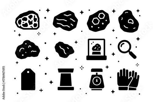 Meteorite Icon Collection. Meteorite fragments and specimens. Solid icons set of Meteorite fragments and specimens: cut rock slice, metal fragment, olivine