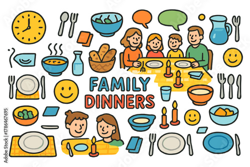 Family Dinner Illustration. Family dinners. Colorful Hand-drawn doodle Children illustration Family dinners dining table, plates, bowls, cutlery, steaming