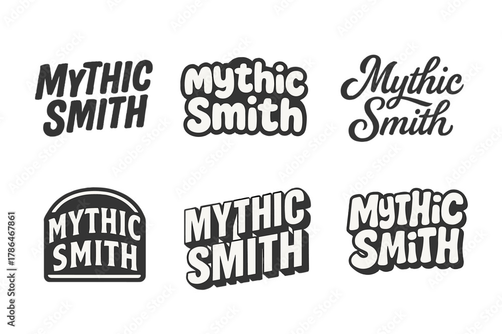 Obraz premium Mythic Smith Variations. Mythic Smith. Set lettering. harmonious lettering variations of the same emblematic concept (Grunge textured brush lettering, Rounded