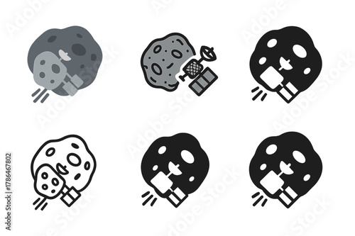 Asteroid Belt Logos. Asteroid belt studies. Icon set. Set Logo of Asteroid belt studies: spacecraft orbiter with ion thruster near asteroid. harmonious logo