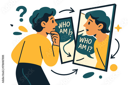 Reflective Mirror Moment. Conceptual Portrait ? Mirror Dialogue. A subject faces two offset mirrors; reflections tilt and whisper ?who am I??. Thin arrows loop