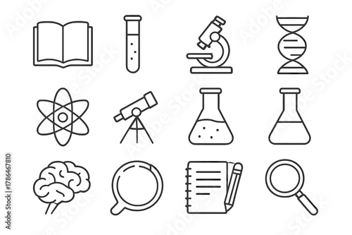 Scientific Icon Collection. Scientific exploration. Line icon set of scientific exploration: open book, test tube, microscope, DNA strand, atom, telescope,