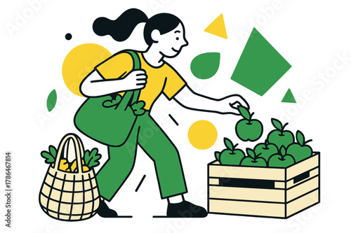 Eco-Friendly Grocery Adventure. Eco-Friendly Shopping Hauls. Shopper selecting fresh produce with floating abstract geometric shapes and reusable bags,