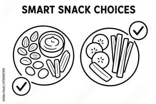 Healthy Snack Choices. Smart snack choices children?s coloring book illustration, outlined drawing, two small plates showing nuts, yogurt, fruit, and veggie