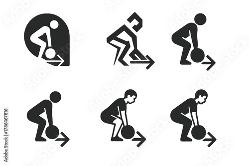 Fitness Icon Emblem Variations. Fitness coach demonstrating proper form for exercises like deadlifts. Set Logo of fitness coach demonstrating proper form for