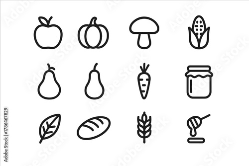 Seasonal Ingredient Icons. Seasonal ingredients. Line outline icon set of seasonal ingredients: apple, pumpkin