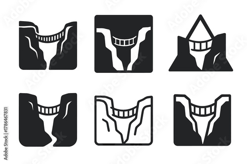 Trekking Logo Variations. Trekking in remote and unexplored areas. Set Logo of Trekking in remote and unexplored areas: rope bridge over canyon. Icon set.