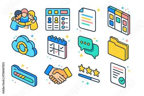 Project Collaboration Icons. Group project collaboration. Colorful isometric vector icons set of Group project collaboration: team huddle, roles assignment