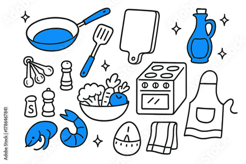 Kitchen Essentials Doodle. // Kitchen setup. Hand-drawn doodle illustration Kitchen setup [wok (accented), spatula (accented), cutting board (accented), stove,