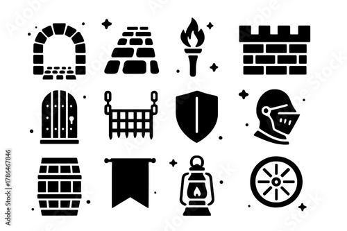 Medieval Icon Grid. Medieval Pathway. Solid icons set of Medieval Pathway: stone archway, cobbled street, torch, castle wall, wooden door, chain gate, shield