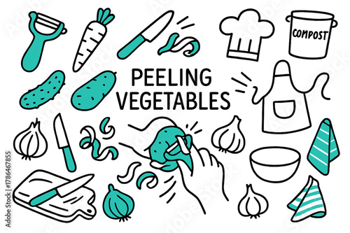 Vegetable Peeling Doodle. // Peeling vegetables. Hand-drawn doodle illustration peeling vegetables [vegetable peeler (accented), carrot, potato (accented),