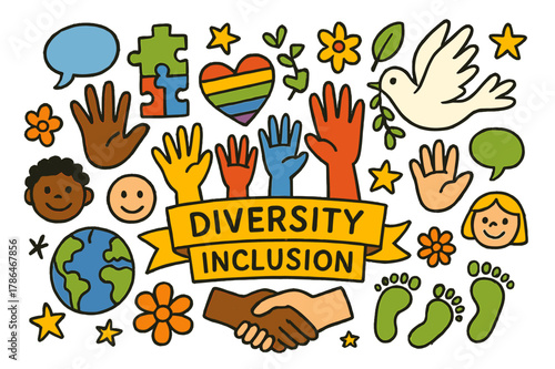 Diversity and Unity. Diversity and inclusion. Colorful Hand-drawn doodle Children illustration Diversity and inclusion hands of all colors, rainbow heart,