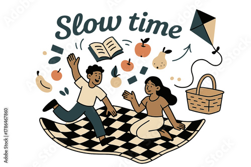 Vibrant Picnic Scene. Picnic on the grass. A checkered blanket opens like a smile as fruit and books float into place; ?Slow time? curls above. A kite string